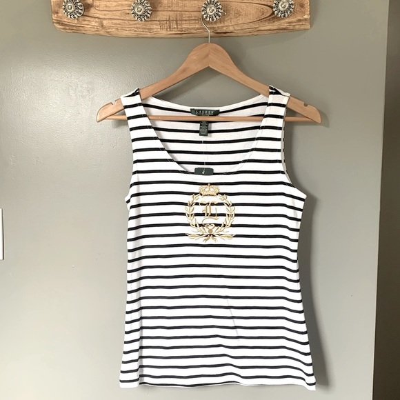 Ralph Lauren Tops - Ralph Lauren ✨ NWT Striped Gold Embroidered Crest Cotton Petite Tank Top